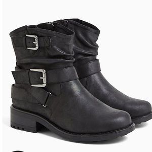 black faux leather double buckle moto boots